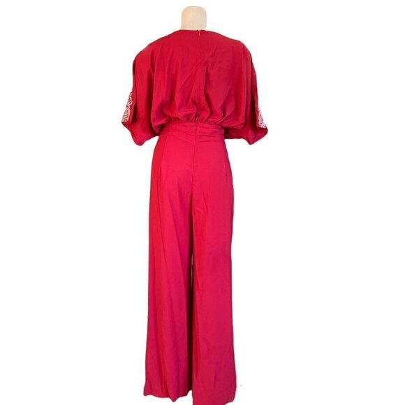 Shein Red Wide Leg Jumpsuit Short Sleeve Embroidered Roses Neckline Sz 2XL #83F - Picture 7 of 10